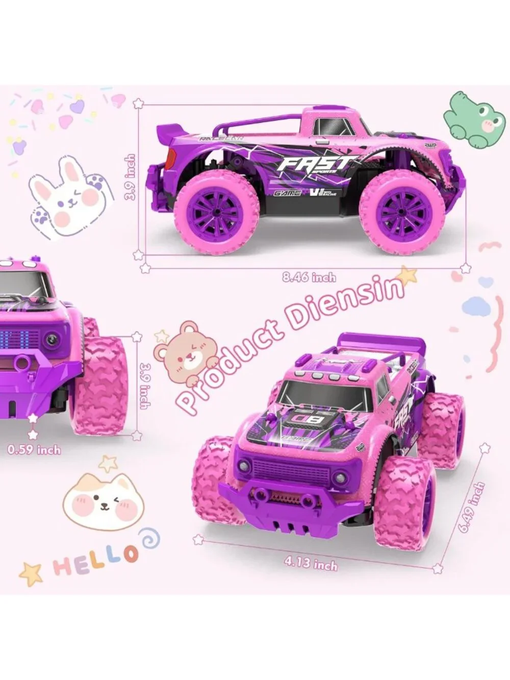 Pink Purple Remote Control Car for Girls - 1:20 Scale LED Truck, Fast All